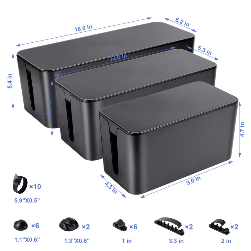 Chouky Cable Organizer Box Set of Three, Power Cover Cord Holder Surge Protector for Desk (Black) - Image 2